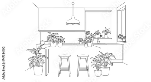 Vector outline drawing of kitchen interior with plants, stools, and a hanging lamp over the island