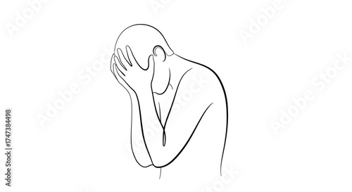 Vector line drawing depicting a person with head in hands, expressing sadness or despair, isolated view