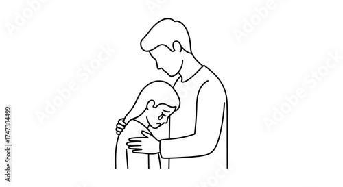 Vector a line drawing showing a man comforting a crying girl with his hand on her shoulder gently