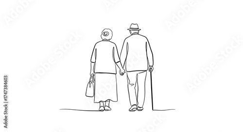 Vector continuous line drawing of an elderly couple holding hands and walking together with a cane and purse