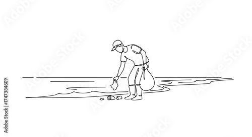Vector line drawing of a person picking up trash on a beach near the ocean with a bag in hand