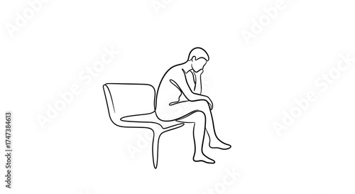 Vector line drawing shows a person seated on a chair with their hand to their face in contemplation
