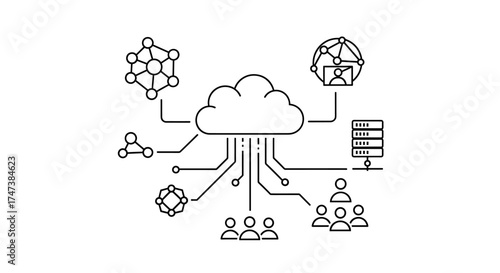 Vector illustration of a cloud connected to various networks, servers, and groups of people icon
