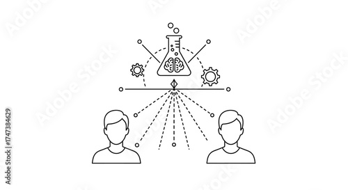 Vector line drawing showing two people connected to a brain in a flask with gears and dotted lines