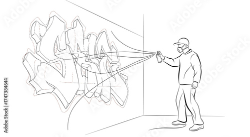 Vector person creating graffiti art with spray can in corner, wearing mask and hat, line drawing