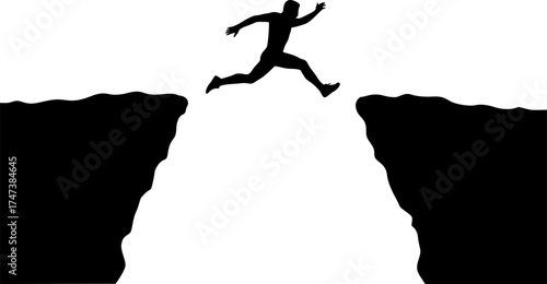 Man jumping silhouette between cliffs at sunrise — motivational success and challenge concept for design and business visuals