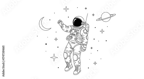 Vector line drawing of astronaut floating among stars, planet and moon in outer space illustration