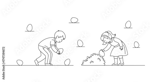Vector a boy and a girl are finding eggs near a bush, it's an easter egg hunt illustration art