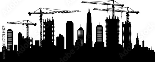 City skyline silhouette with cranes and skyscrapers at sunset — industrial urban growth and architecture background