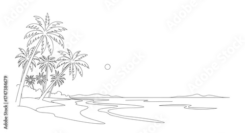 Vector a line drawing of a beach scene with palm trees, water, and a distant landmass under a sun circle