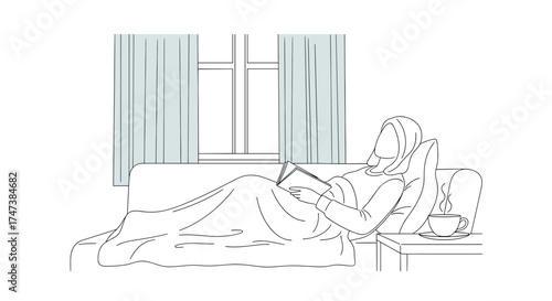 Vector woman in hijab reading a book while lying on a couch next to a window with curtains and a hot drink