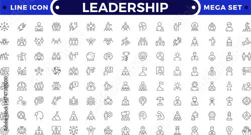 Leadership outline icon set. Containing leader, vision, guidance, mentorship, coaching, influence, charisma, challenge, lead, Motivation, Goal, Career, Mountain Peak, Award, Winning  and more.