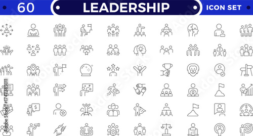 Leadership outline icon set. Containing leader, vision, guidance, mentorship, coaching, influence, charisma, challenge, lead, Motivation, Goal, Career, Mountain Peak, Award, Winning  and more.