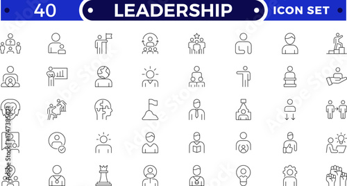 Leadership outline icon set. Containing leader, vision, guidance, mentorship, coaching, influence, charisma, challenge, lead, Motivation, Goal, Career, Mountain Peak, Award, Winning  and more.