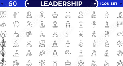 Leadership outline icon set. Containing leader, vision, guidance, mentorship, coaching, influence, charisma, challenge, lead, Motivation, Goal, Career, Mountain Peak, Award, Winning  and more.