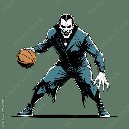 vector illustration of Dracula playing basketball