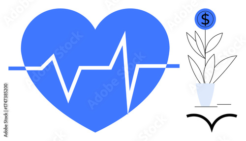 Blue heart with ECG pulse line and tall potted plant topped with a currency sign. Ideal for finance, investment, health, growth, wellbeing, sustainability, healthcare, and simple flat metaphor