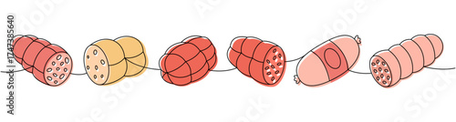 Sausages set. Sausages products one line colored continuous drawing. Vector illustration