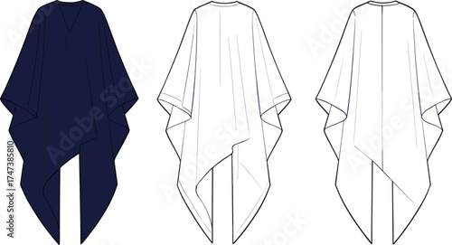 Poncho outerwear technical flat sketch, fashion CAD drawing, vector apparel template, front back side view, asymmetrical hem design, clothing illustration