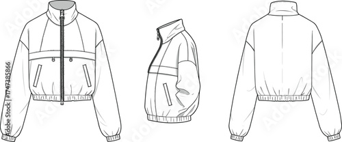 Jacket technical flat sketch, fashion CAD drawing, vector apparel template, front side back view, outerwear design illustration, clothing mockup