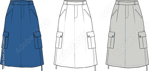 Skirt flat sketch, front pockets, side cargo pockets, belt loops, high waist, drawstring hem, apparel vector, fashion design
