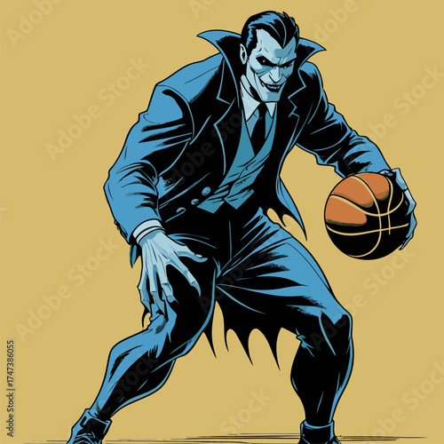 vector illustration of Dracula playing basketball