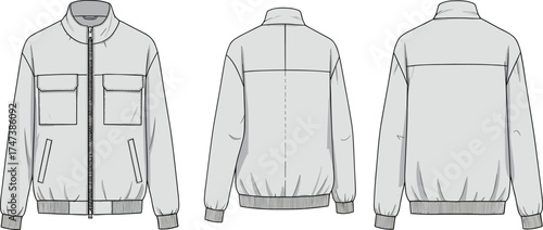 Jacket flat sketch, front view, back view, side view, zip up, high collar, flap pockets, ribbed cuffs, apparel vector, cad drawing, flat vector illustration