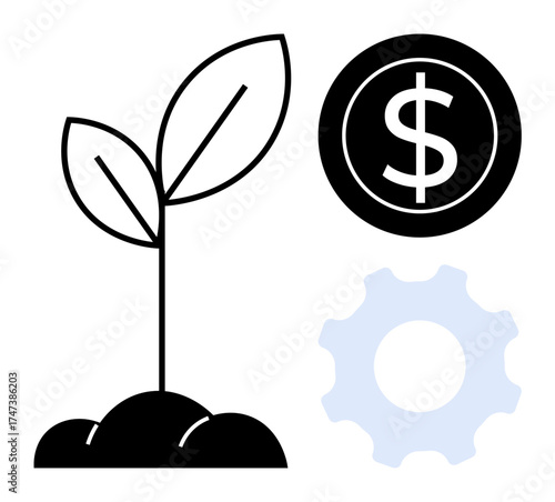 Young plant sprouting from soil, dollar sign denoting financial growth, and gear symbolizing innovation. Ideal for finance, agriculture, technology, sustainability, economic development, business