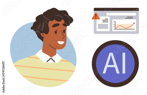Young person smiling near AI logo and data analytics window with warning sign. Ideal for AI learning, technology, education, data analysis, innovation, digital transformation, simple flat metaphor