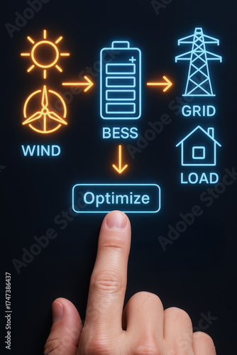 Finger touching optimize button energy storage system diagram with wind solar battery arrow to grid and home