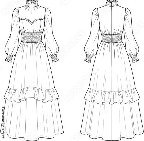 Vintage long dress, ruffled neckline, puffed sleeves, sweetheart bodice, tiered skirt, fitted waist, zipper closure, fashion flat sketch, cad drawing, vector illustration