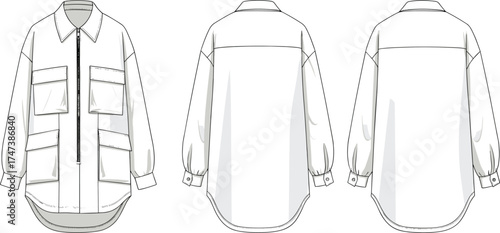 Utility shirt jacket, long sleeve, pointed collar, zipper closure, four flap pockets, curved hem, drop back design, cad drawing, vector illustration
