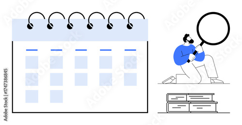 Spiral calendar features dates and blocks. Man kneeling, examining closely with magnifying glass by stacked books. Ideal for time management, research, education, analysis, productivity, scheduling