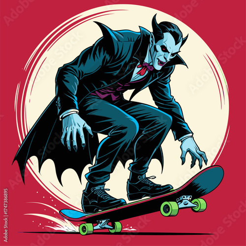 vector illustration of Dracula playing skateboard