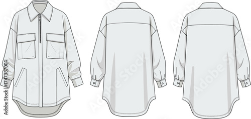 Long sleeve shacket, shirt jacket, pointed collar, zipper closure, flap pockets, welt pockets, ribbed cuffs, drop tail hem, cad drawing, vector illustration