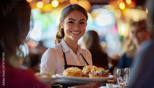 Wallpaper Mural A young waitress with a welcoming smile carries a plate of food to customers in a brightly lit restaurant setting. Torontodigital.ca