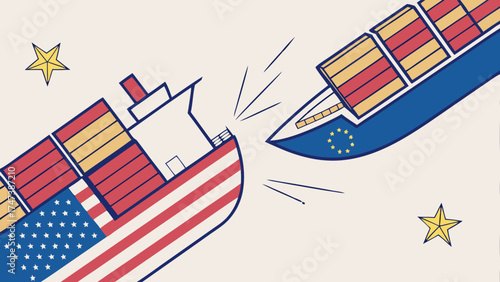 Abstract Illustration of Two Cargo Ships with National Flags Colliding Representing International Trade Conflict or Competition.