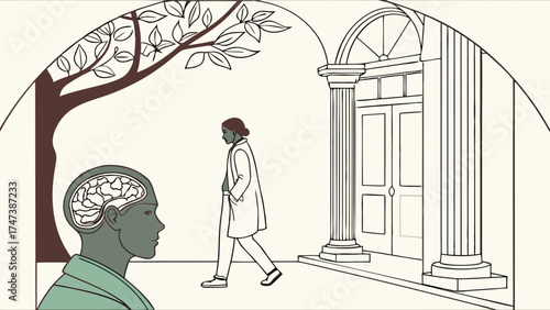 Abstract illustration of person walking past a building with visible brain.
