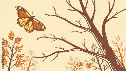 Autumnal Butterfly and Tree Branches Illustration Nature Wildlife and Fall Design.