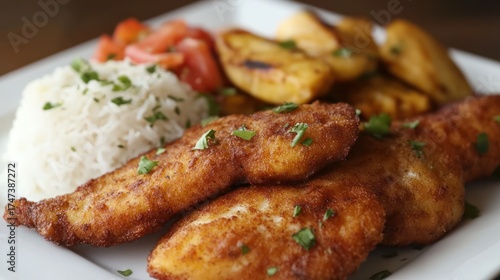 Crispy Fried Fish Fillets with Rice and Potatoes