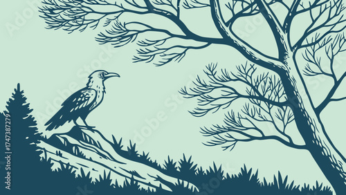 Bird perched on a branch nature illustration wildlife art forest scene graphic design minimalist style birdwatching ornithology avian fauna woodland trees branches greenery foliage.