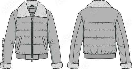 Bomber jacket, shearling collar, quilted outerwear, winter fashion, padded coat, ribbed hem, zipper closure, technical flat sketch, cad drawing, vector illustration