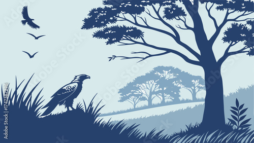 Bird watching in a tranquil forest vector illustration of wildlife nature scene blue tones silhouette style.