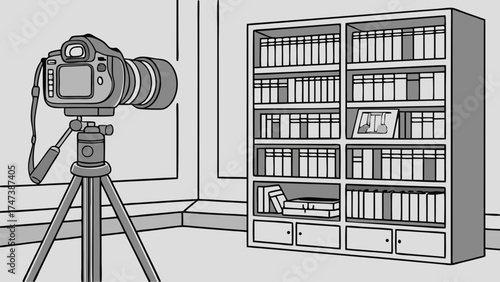 Camera on tripod in room with bookshelf illustration photography studio setup digital camera equipment image for website.