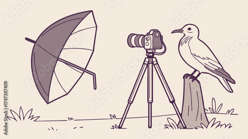 Camera on tripod with bird and reflector illustration photography concept nature scene wildlife digital art graphic design.
