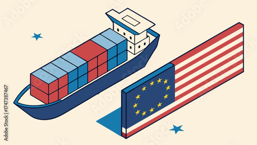 Cargo Ship Transporting Containers Between Two Countries Global Trade International Shipping Maritime Freight Export Import Business Illustration.
