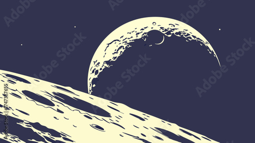 Celestial bodies space moon planet cosmic landscape abstract art illustration artwork design background wallpaper banner texture surface craters night sky stars galaxy universe.