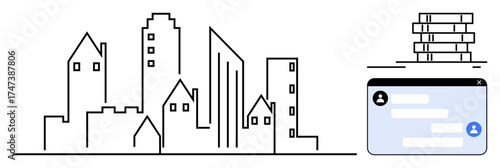 Cityscape with buildings, digital chat interface, and stacked data blocks, symbolizing urbanization, technology, communication, smart cities, collaboration innovation data sharing. Ideal for tech