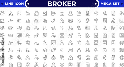 Broker outline icon set. Domain Marketplace Icons. Outline icon set of domain marketplace: auction, domain broker, price tag, bid, offer, domain appraisal.