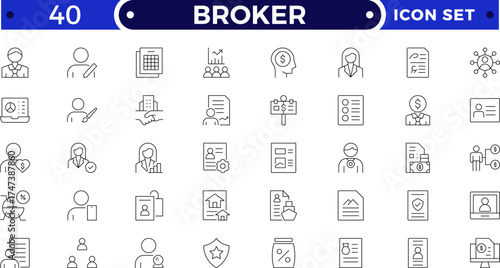 Broker outline icon set. Domain Marketplace Icons. Outline icon set of domain marketplace: auction, domain broker, price tag, bid, offer, domain appraisal.